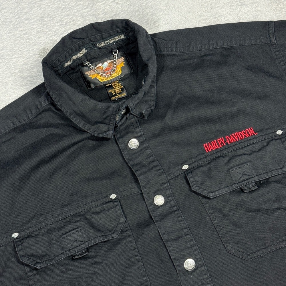Harley-Davidson Button Up Shirt Mens L Black Hong Kong  Embroidered Tribal Flame